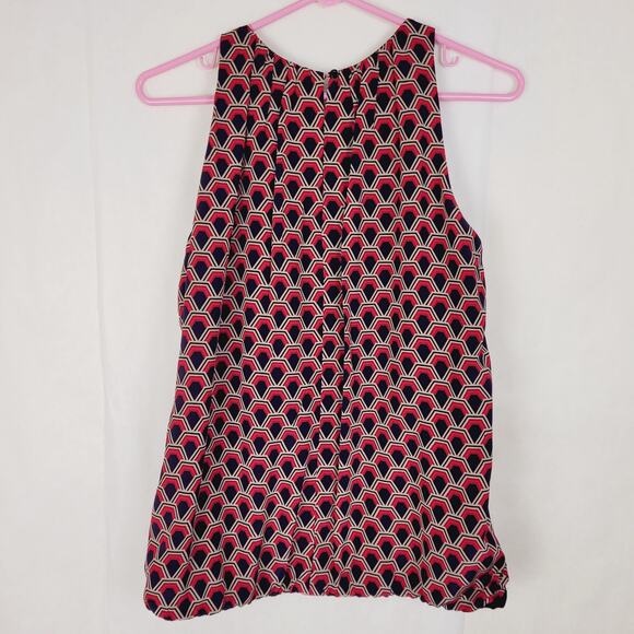 Trina Turk 100% silk blue geometric print elastic bubble hem blouse office retro - Picture 2 of 10